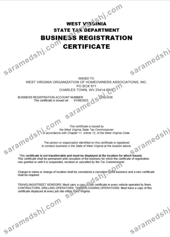 USA West Virginia certificate of company registration Word and PDF template
